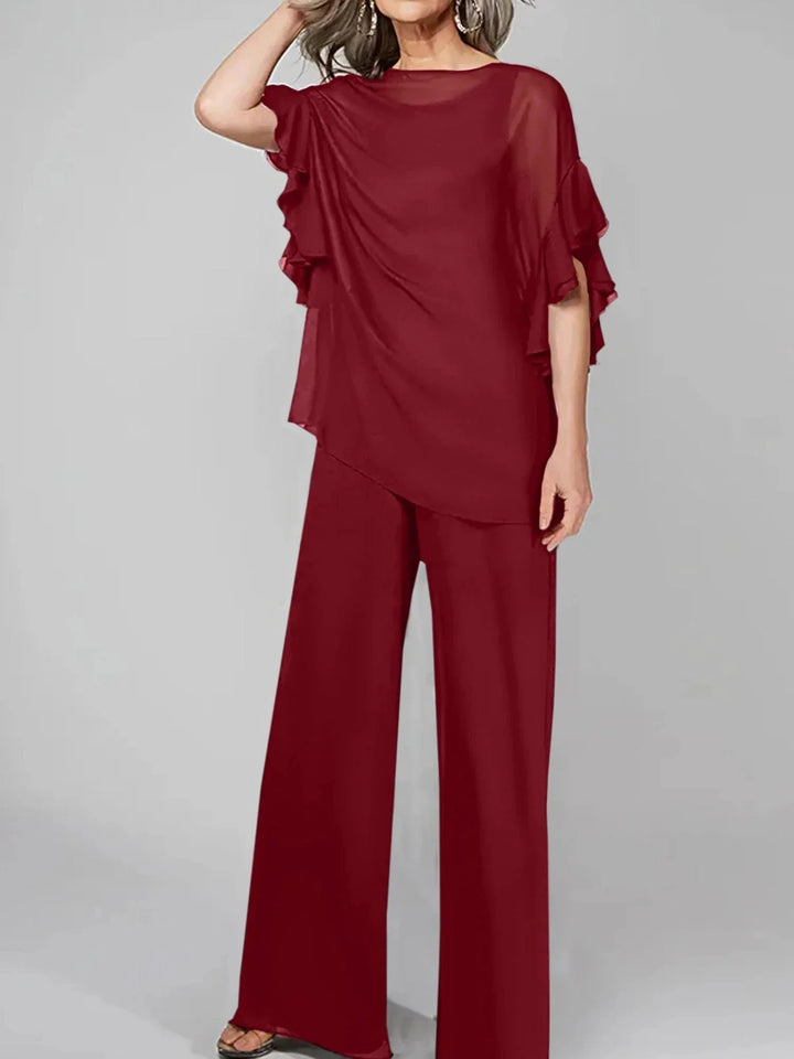 Jumpsuits Scoop Half Sleeves Chiffon Mother Of The Bride Pantsuits by Dreamylily
