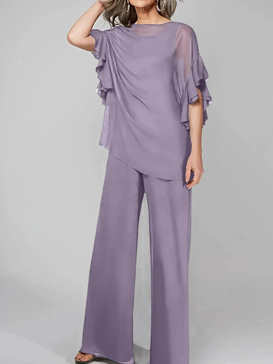 Jumpsuits Scoop Half Sleeves Chiffon Mother Of The Bride Pantsuits by Dreamylily