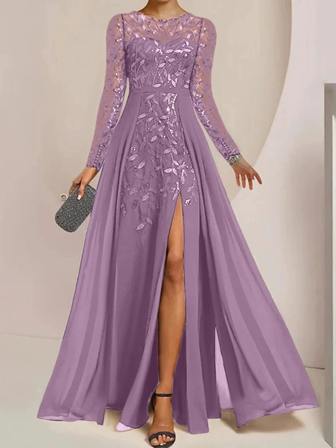 A-Line/Princess Scoop Floor-Length Mother of the Bride Dresses with Split Side Ruffles Sequins by Dreamylily