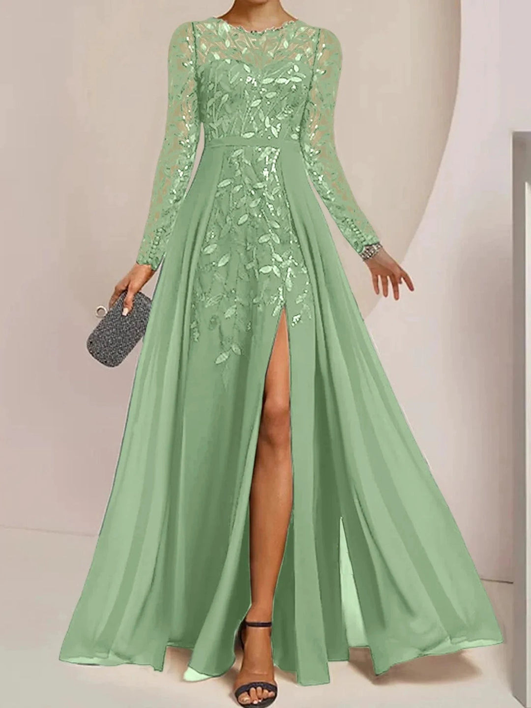 A-Line/Princess Scoop Floor-Length Mother of the Bride Dresses with Split Side Ruffles Sequins by Dreamylily