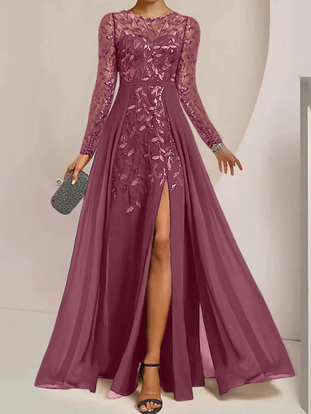 A-Line/Princess Scoop Floor-Length Mother of the Bride Dresses with Split Side Ruffles Sequins by Dreamylily