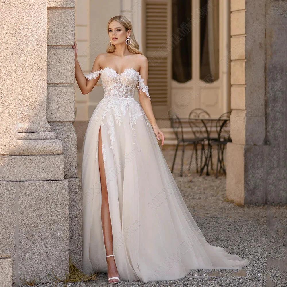 Light Champagne Pastrol Wedding Dresses Off Shoulder Sweetheart Bride Gowns Side Split A-Line Tulle Vestido De Novia by payinti