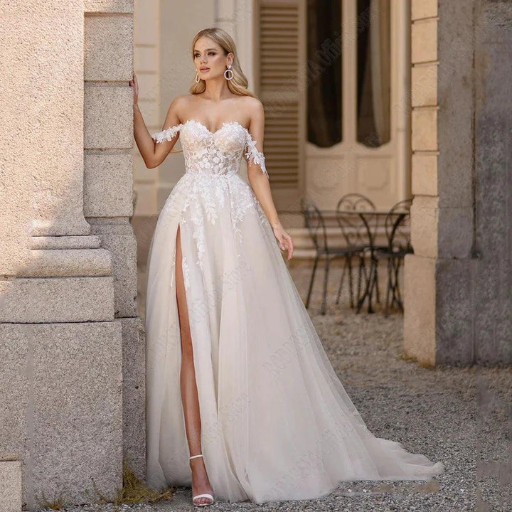 Light Champagne Pastrol Wedding Dresses Off Shoulder Sweetheart Bride Gowns Side Split A-Line Tulle Vestido De Novia by payinti