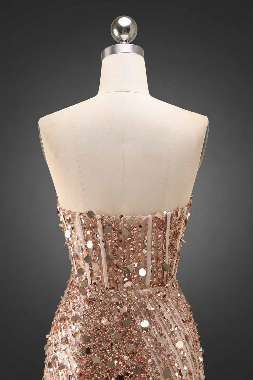 Sparkly Gold Mermaid Sequins Sweetheart Long Corset Prom Dress with Slit