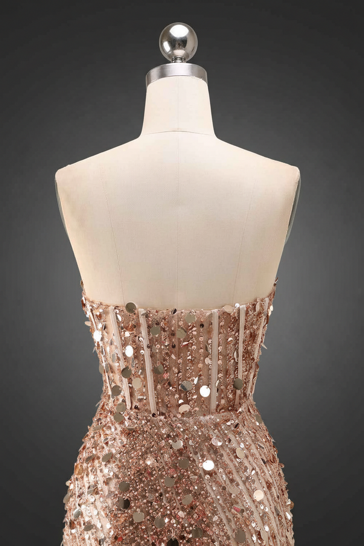 Sparkly Gold Mermaid Sequins Sweetheart Long Corset Prom Dress with Slit