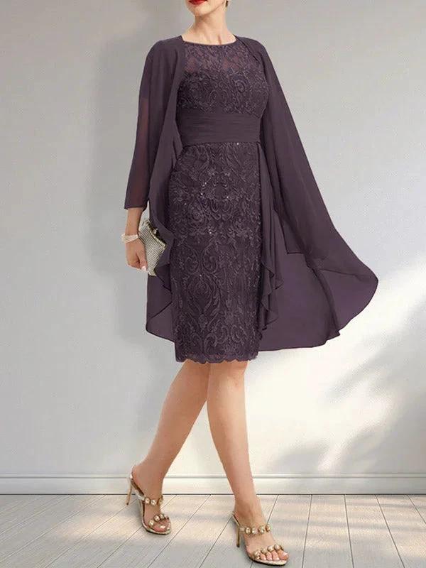 Sheath Scoop Illusion Knee-Length Lace Chiffon Mother of the Bride Dress With Cascading Ruffles Sequins by Dreamylily