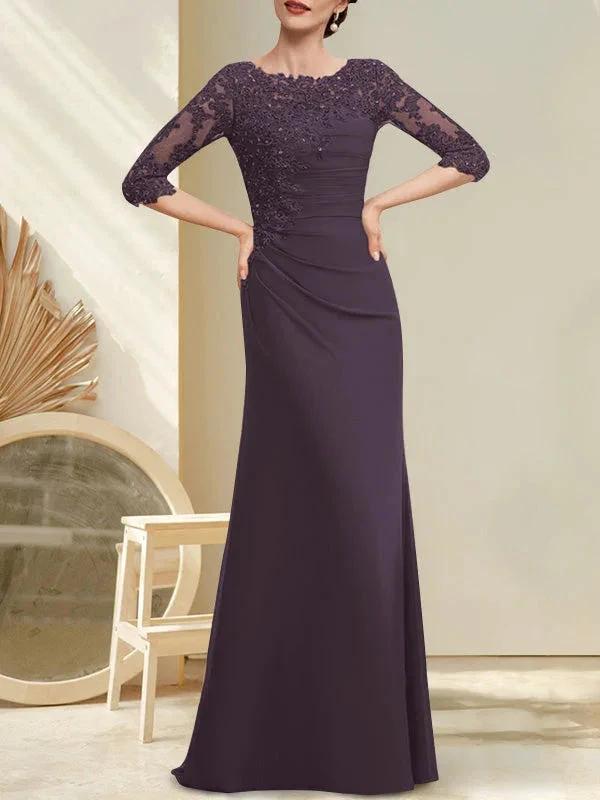 A-line Scoop Floor-Length Chiffon Lace Mother of the Bride Dress With Beading Pleated Sequins by Dreamylily