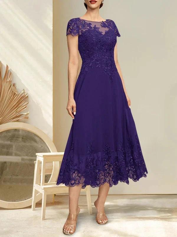 A-line Illusion Scoop Tea-Length Lace Chiffon Mother of the Bride Dress With Sequins by Dreamylily