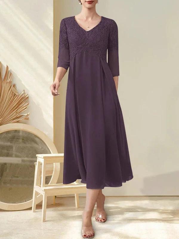 A-line V-Neck Tea-Length Chiffon Lace Mother of the Bride Dress With Beading by Dreamylily