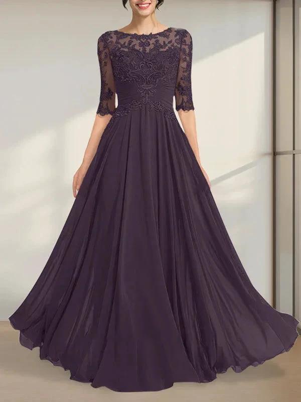 A-line Scoop Illusion Floor-Length Chiffon Lace Mother of the Bride Dress With Pleated Sequins by Dreamylily