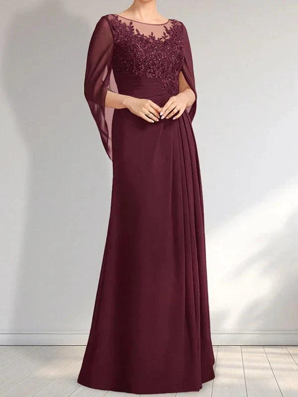 A-line Scoop Illusion Floor-Length Lace Chiffon Mother of the Bride Dress With Pleated Sequins by Dreamylily