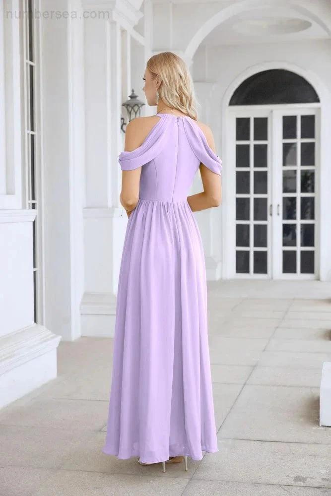 Ladies Chiffon Off Shoulder Swing Sleeve Front Slit Bridesmaid Evening Dress Wedding Party Evening Dress 28117 by numbersea