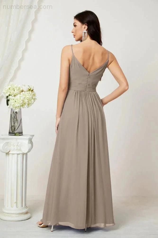 Numbersea Chiffon V-Neck Bridesmaid Dress Spaghetti Strap Long Formal Party Prom Gowns with Slit 28010 by numbersea