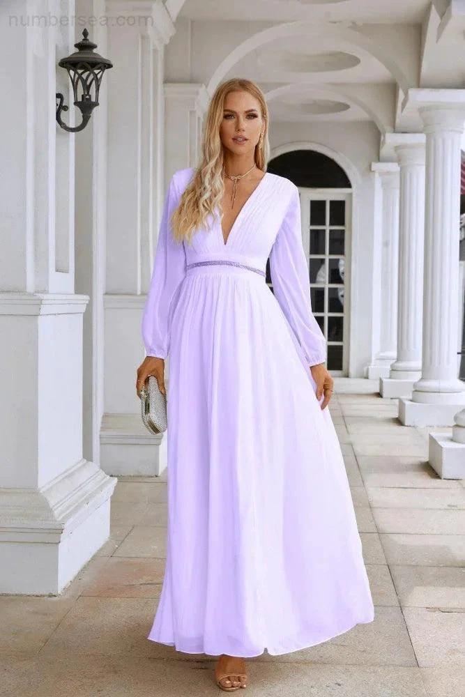 Ladies V Neck Chiffon Long Sleeve Front Slit Bridesmaid Evening Dress Wedding Party Shopping Evening Dress 28109 by numbersea