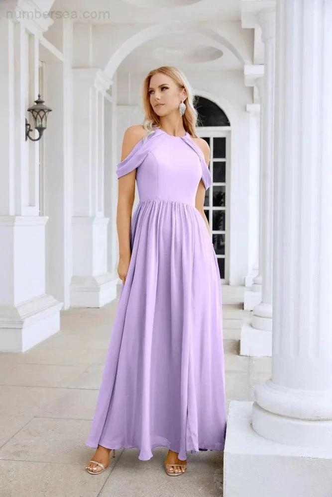 Ladies Chiffon Off Shoulder Swing Sleeve Front Slit Bridesmaid Evening Dress Wedding Party Evening Dress 28117 by numbersea