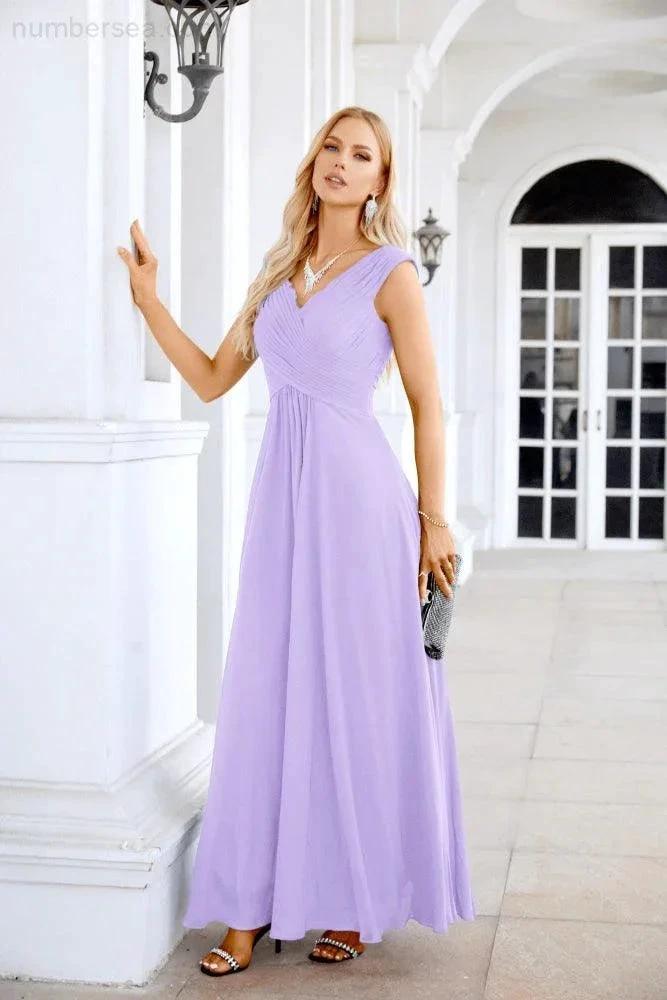 Ladies Chiffon V Neck Sleeveless Floor Length Bridesmaid Evening Dress Wedding Party Evening Dress 28126 by numbersea