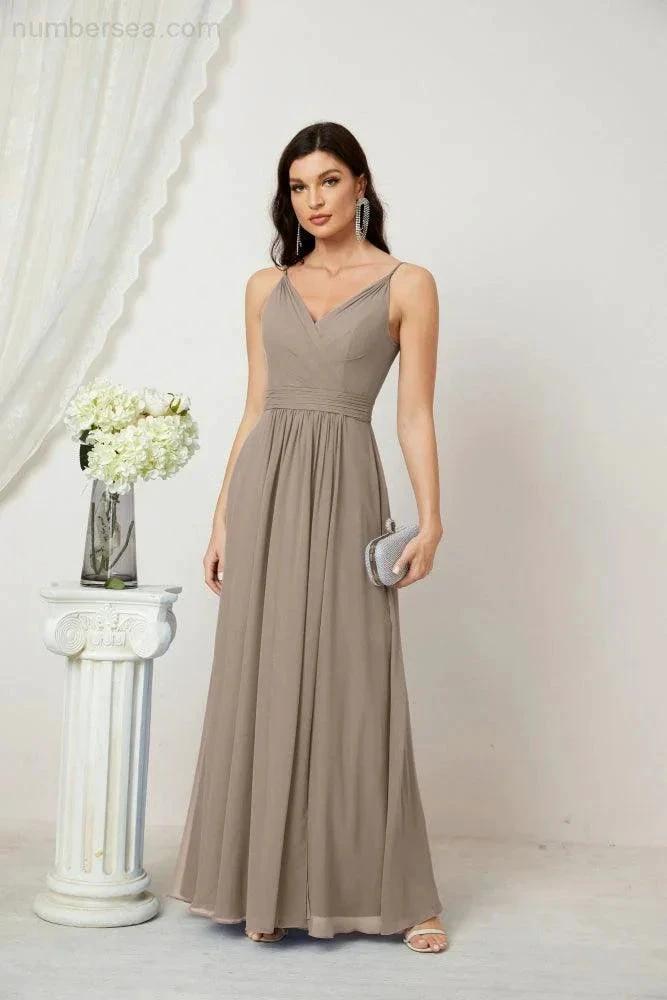 Numbersea Chiffon V-Neck Bridesmaid Dress Spaghetti Strap Long Formal Party Prom Gowns with Slit 28010 by numbersea