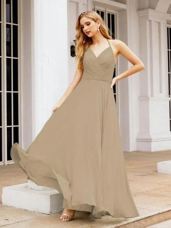 Numbersea Halter Chiffon Bridesmaid Dresses Wedding Appare Sleeveless Formal Prom Dress with Ruffled Back 28035 by numbersea