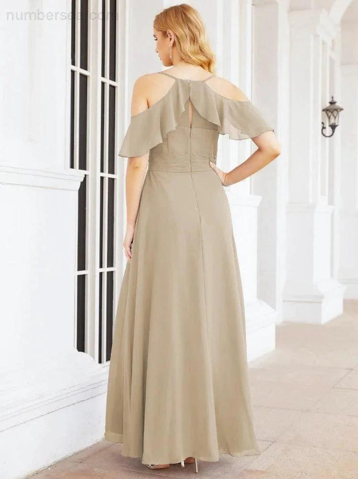 Numbersea Cold Shoulder Long Bridesmaid Dresses Side Slit Formal Prom Gowns Party Wedding 28070 by numbersea