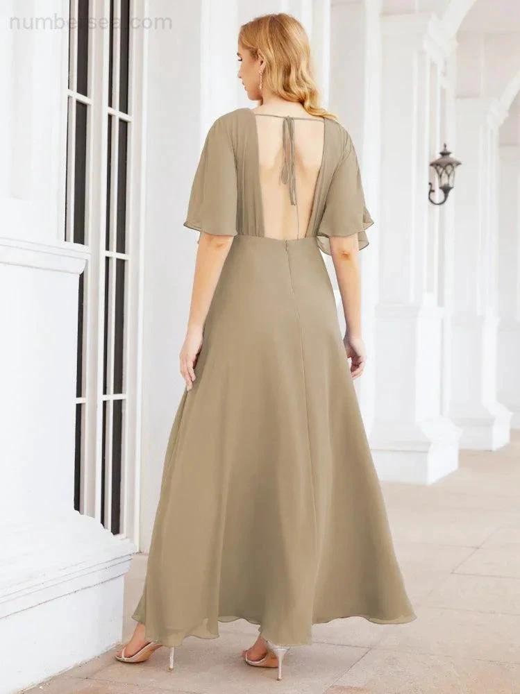 Numbersea V-Neck Bridesmaid Dress Chiffon Long Open Back Formal Dresses for Women Party Evening 28067 by numbersea