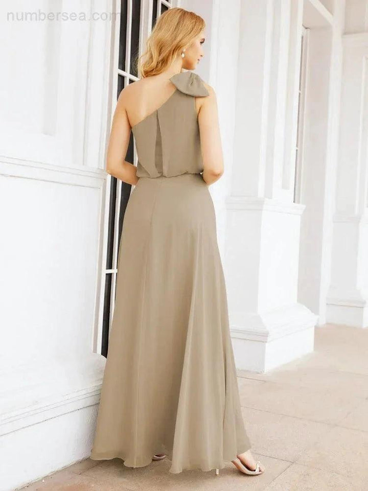 Numbersea Chiffon Ruffled One Shoulder Sleeveless Long Bride Dresses A-line Formal Evening Gown Side Split 28057 by numbersea