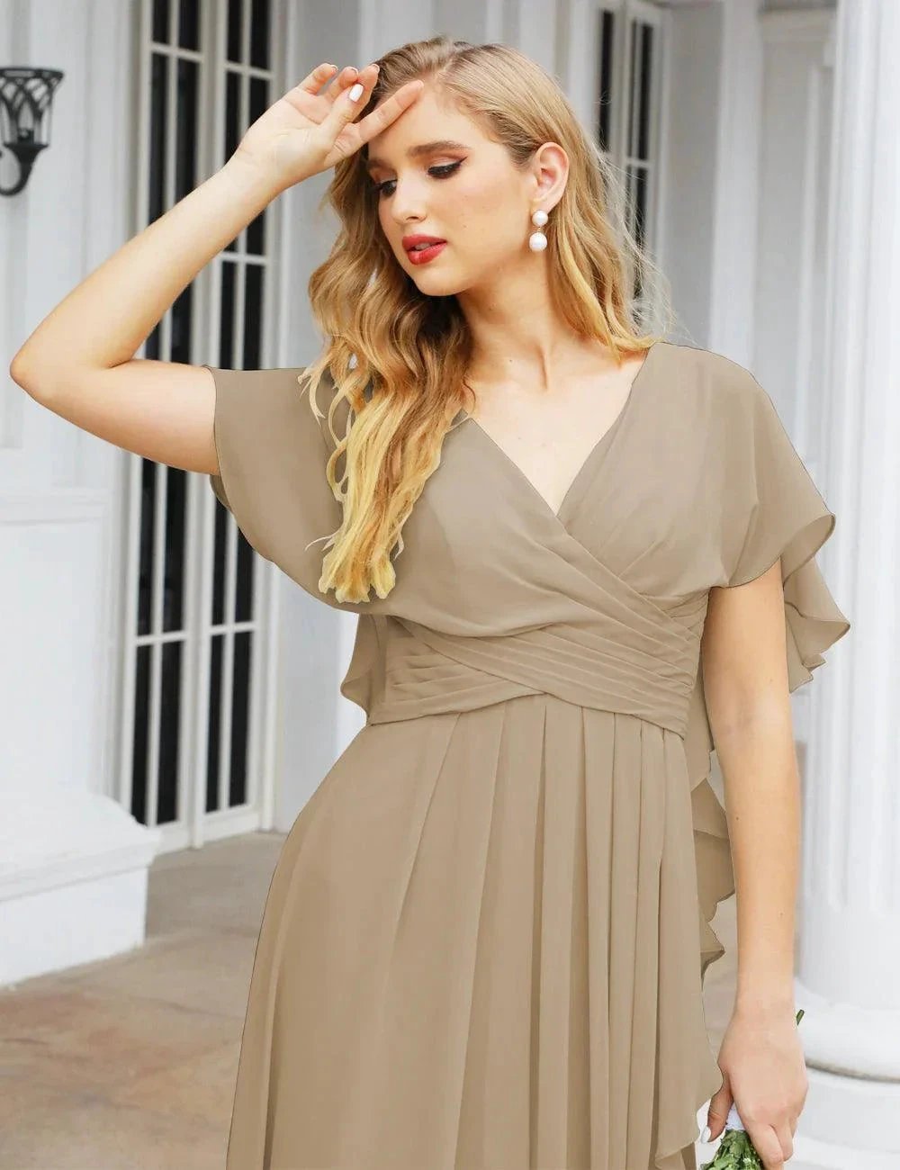 Numbersea Chiffon Bridesmaid Dresses Long Formal Evening Prom Mother of The Bride Dress with Flutter Sleeve SEA28040 by numbersea
