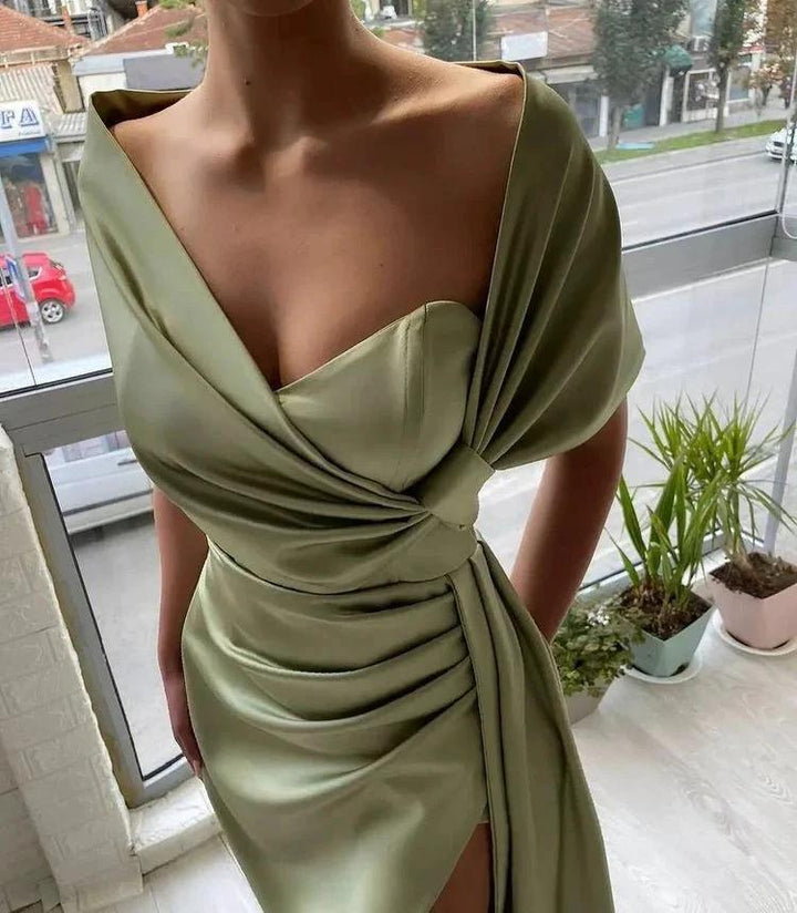 Elegant Sage Long Off the Shoulder Mermaid Satin Prom Dress with Slit by BIZTUNNEL