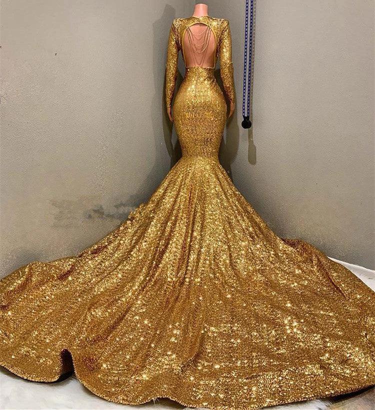 Gold Long Sequined V-Neck Bakless Mermaid Prom Dress With Sleeves by BIZTUNNEL