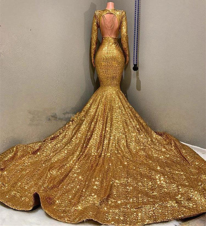 Gold Long Sequined V-Neck Bakless Mermaid Prom Dress With Sleeves by BIZTUNNEL