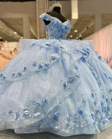 Gorgeous Blue Off The Shoulder Tulle Appliques Ball Gown Birthday Quinceanera Dress Y7835 by simplepromdress