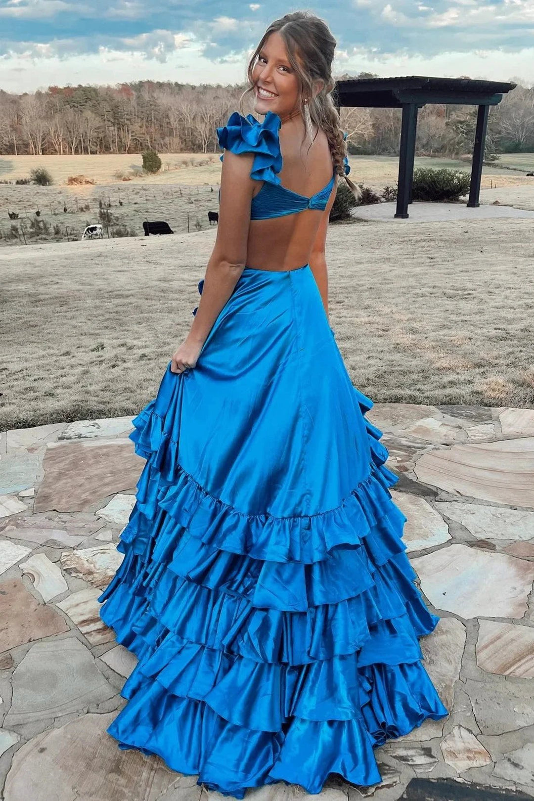 Brittany | Red Cutout Ruffle A-Line Long Prom Dress with Slit by KissProm