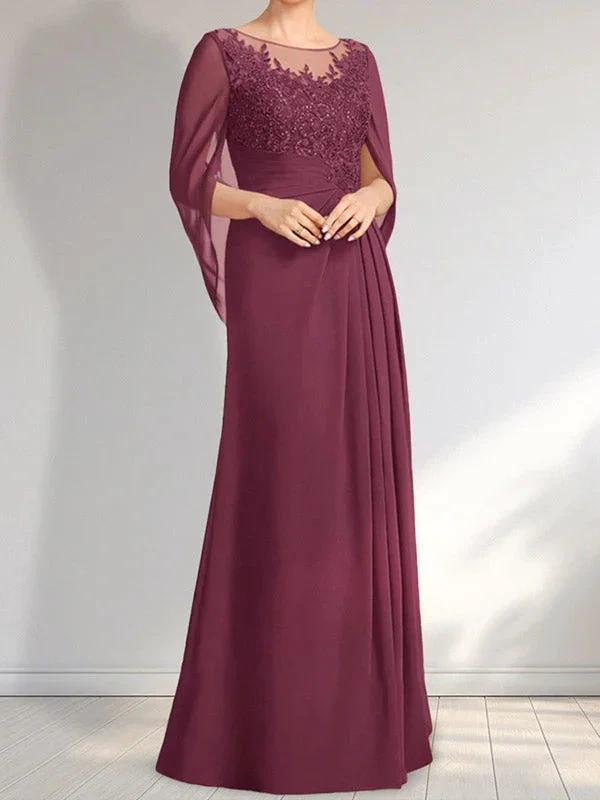 A-line Scoop Illusion Floor-Length Lace Chiffon Mother of the Bride Dress With Pleated Sequins by Dreamylily