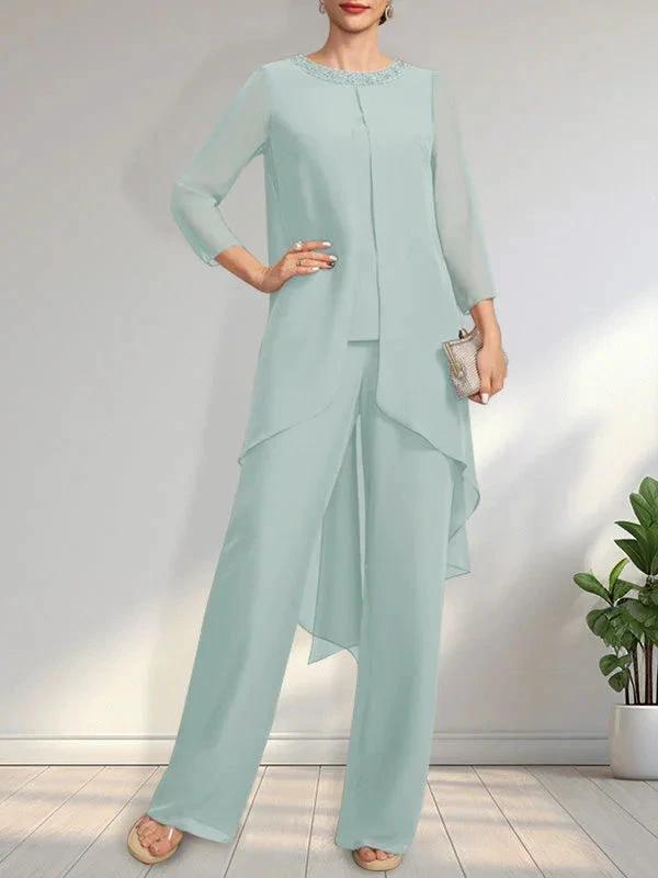 Separates Jumpsuit/Pantsuit Scoop Floor-Length Chiffon Mother of the Bride Dress With Sequins Beading by Dreamylily