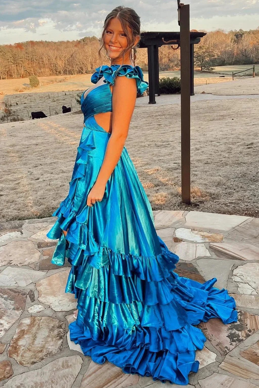 Brittany | Red Cutout Ruffle A-Line Long Prom Dress with Slit by KissProm