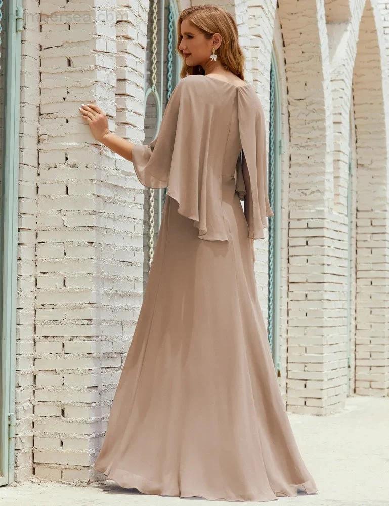 Sunnderly Bridesmaid Dress Women Long Sleeve V-Neck Chiffon Formal Wedding Party Dress SY28018 by numbersea