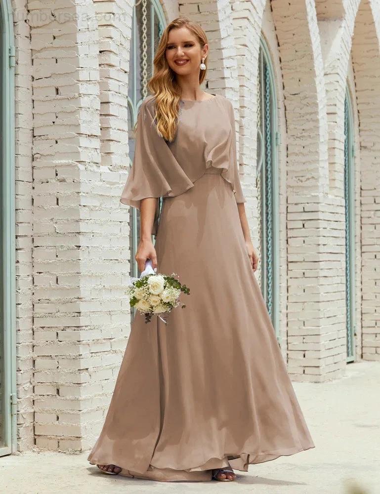 Sunnderly Bridesmaid Dress Women Long Sleeve V-Neck Chiffon Formal Wedding Party Dress SY28018 by numbersea