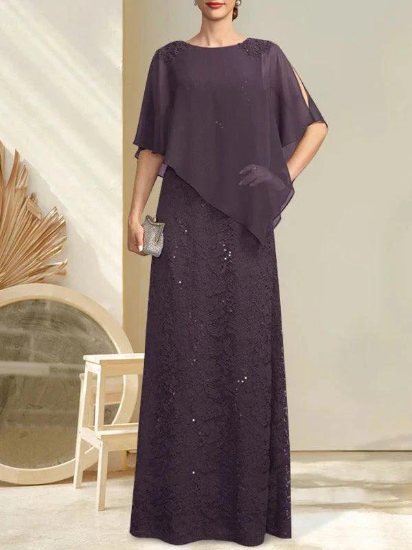 Sheath/Column Scoop Floor-Length Chiffon Lace Mother of the Bride Dress With Sequins Beading by Dreamylily