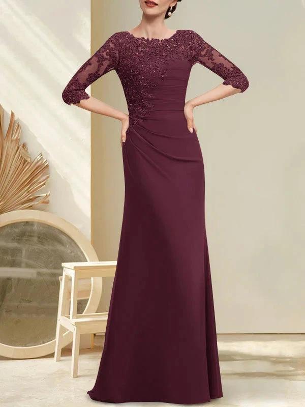 A-line Scoop Floor-Length Chiffon Lace Mother of the Bride Dress With Beading Pleated Sequins by Dreamylily