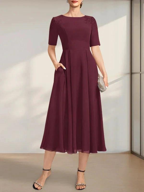A-line Scoop Tea-Length Chiffon Mother of the Bride Dress With Appliques Lace Sequins by Dreamylily