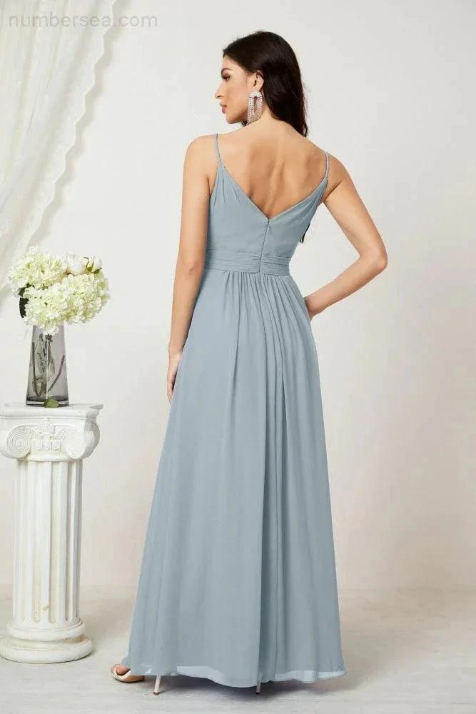 Numbersea Chiffon V-Neck Bridesmaid Dress Spaghetti Strap Long Formal Party Prom Gowns with Slit 28010 by numbersea
