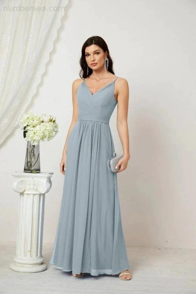 Numbersea Chiffon V-Neck Bridesmaid Dress Spaghetti Strap Long Formal Party Prom Gowns with Slit 28010 by numbersea