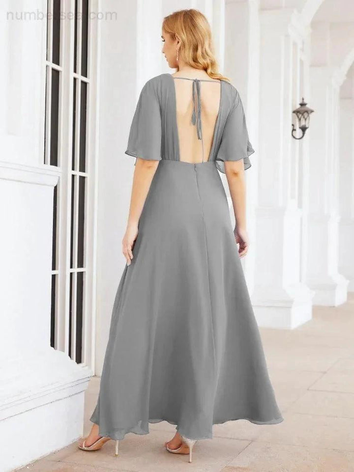 Numbersea V-Neck Bridesmaid Dress Chiffon Long Open Back Formal Dresses for Women Party Evening 28067 by numbersea