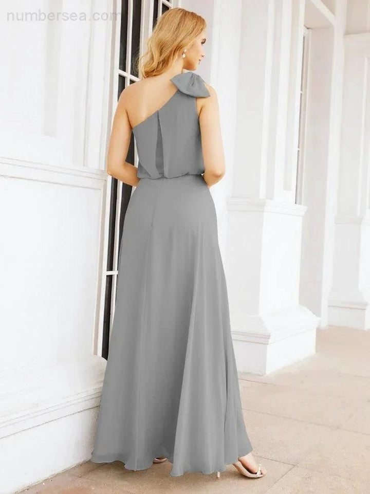 Numbersea Chiffon Ruffled One Shoulder Sleeveless Long Bride Dresses A-line Formal Evening Gown Side Split 28057 by numbersea