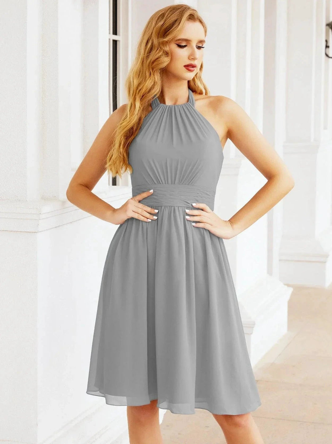 Numbersea Halter Chiffon Bridesmaid Dresses Short Sleeveless Formal Party Dress Open Back 28023 by numbersea