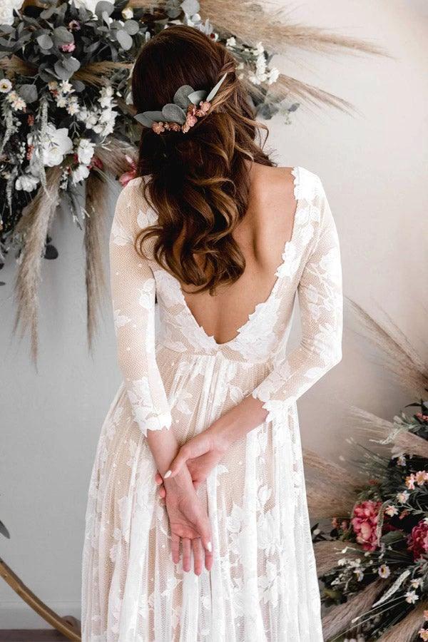 A-line Scoop Neck Long Sleeves Lace Weddding Dress Bridal Gown WD503 by pgmdress