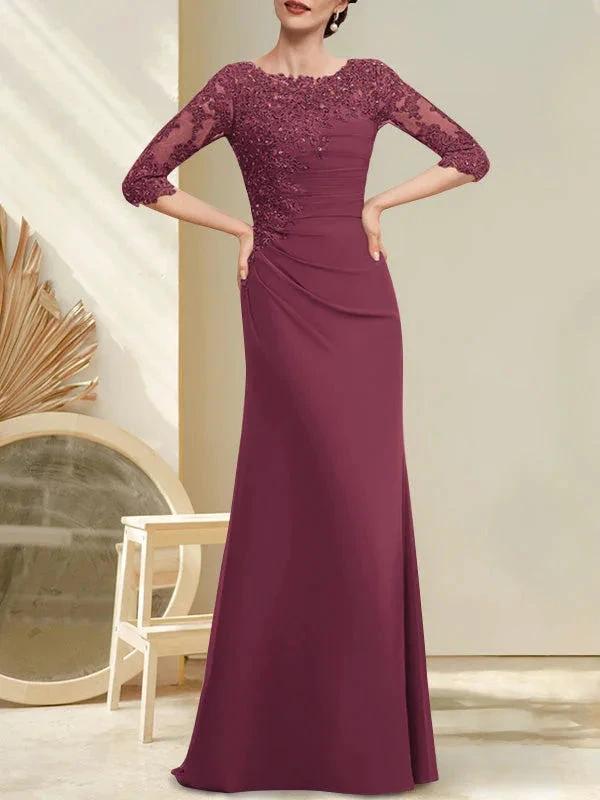 A-line Scoop Floor-Length Chiffon Lace Mother of the Bride Dress With Beading Pleated Sequins by Dreamylily