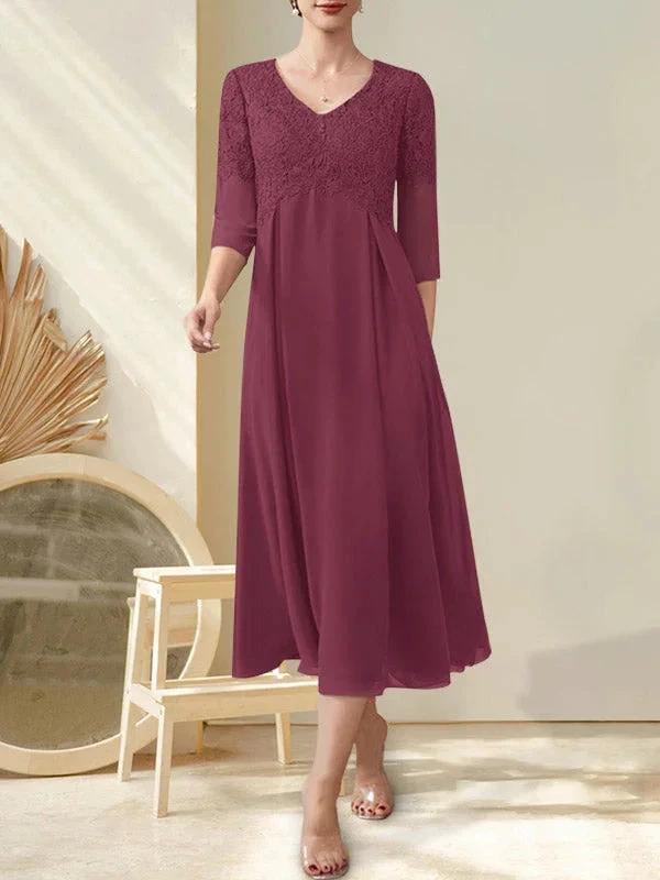A-line V-Neck Tea-Length Chiffon Lace Mother of the Bride Dress With Beading by Dreamylily