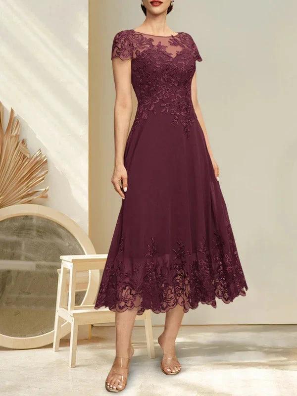 A-line Illusion Scoop Tea-Length Lace Chiffon Mother of the Bride Dress With Sequins by Dreamylily