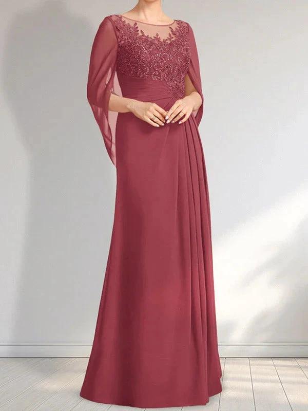 A-line Scoop Illusion Floor-Length Lace Chiffon Mother of the Bride Dress With Pleated Sequins by Dreamylily