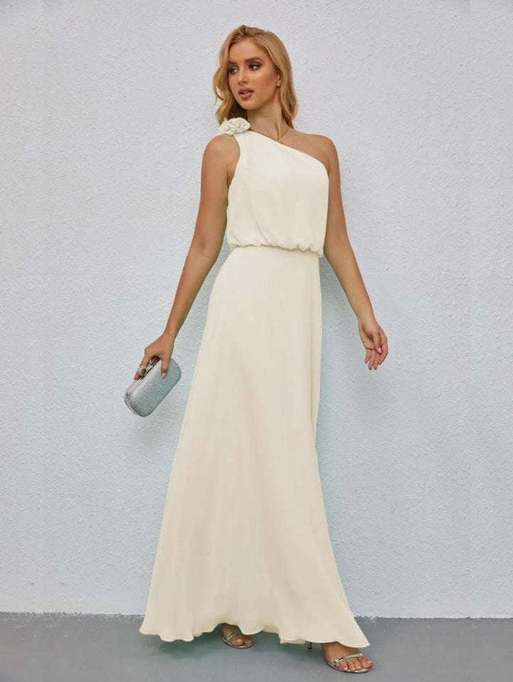 Ruffled One Shoulder Sleeveless Long Bridesmaid Dresses A-line Formal Evening Gown Side Split 28080 by numbersea